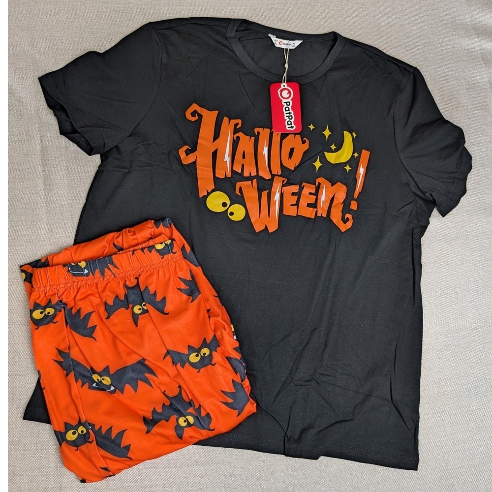 PatPat Pajama Set Men XL Black Orange NWT Halloween Bat Print Graphic Sleepwear